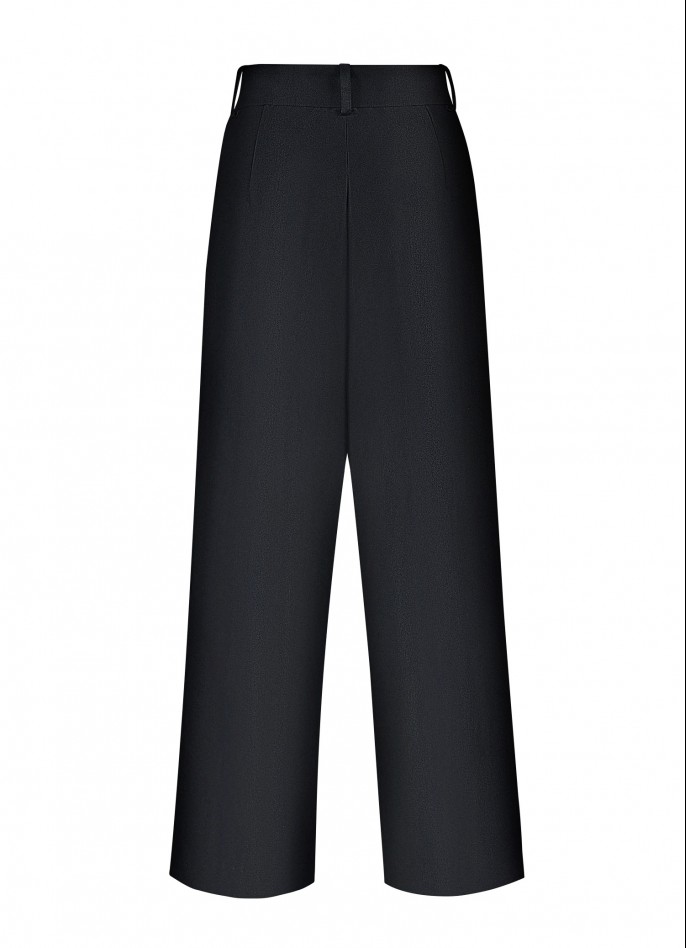 BLACK SILK AND WOOL BLEND HIGH WAISTED BELTED PANTS